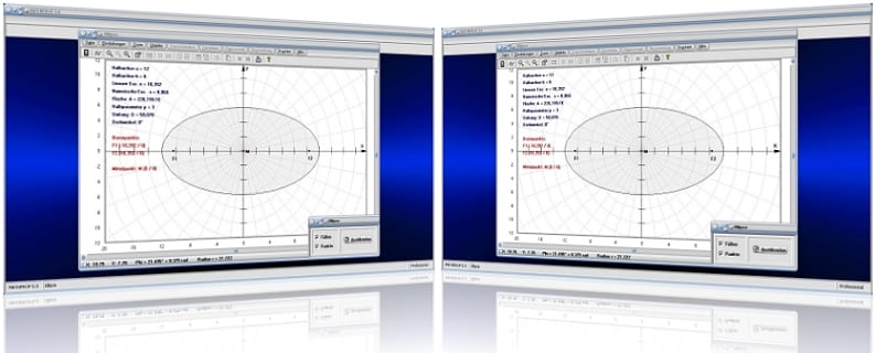 MathProf - Ellipse - Flächen - Umfang - Halbachsen - Brennpunkte - Exzentrizität - Hauptachse - Nebenachse - Halbachsen - Halbparameter - Lineare Exzentrizität - Numerische Exzentrizität - Ellipsenumfang - Halbachse - Graph - Darstellung - Berechnung - Berechnen - Parameter - Darstellen - Rechner - Plotten - Formel - Zeichnen - Plotter