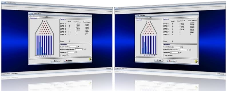MathProf - Galtonbrett - Galton board - Nagelbrett - Galtonsches Brett - Galton-Brett - Empirische Wahrscheinlichkeit - Theoretische Wahrscheinlichkeit - Binomialverteilung - Bernoulli - Bild - Plotter - Stufen - Funktionsweise - Tabelle - Graph - Rechner - Animation - Simulation - Wege - Berechnen - Möglichkeiten