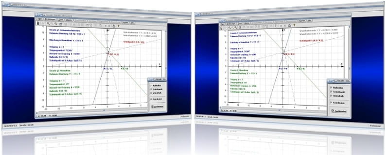 MathProf - 2 Geraden - Schnittpunkt - Zwei Geraden - Geradenschnittpunkt - Abstand - Nullstelle - Steigung - Schnittwinkel - Rechner - Plotter - Darstellen - Graph - Berechnen - Plotten - Beispiel - Zeichnen - Achsenschnittpunkte - Scheitelwinkel - Steigungswinkel - Windschiefe Geraden 