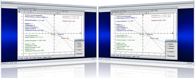 MathProf - Geraden - Lagebeziehung - Zwei Geraden - Nullstellen - Schnittpunkt - Geradengleichungen - Lineare Funktionen - Berechnen - Rechner   - Abstand - Nullstelle - Graph - Darstellen - Plotter - Schnittpunkt - Schnittwinkel - Nullstellen