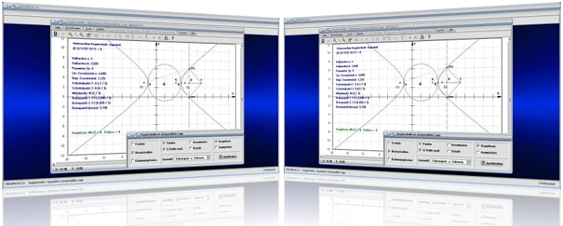 MathProf - Kurven zweiter Ordnung - Kegelschnitte - Ellipsengleichung - Hyperbelgleichung - Achsenparallel - Kegelschnittgleichungen - Allgemeine Gleichung - Ellipse - Parabel - Hyperbel - Parameterdarstellung - Hyperbelfunktionen - Tangenten - Rechner - Berechnen - Darstellen - Graph - Darstellung - Plotter