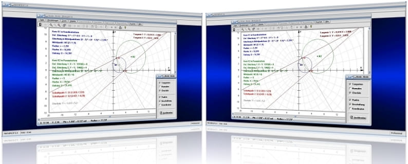 MathProf - Zwei Kreise - Schnittpunkte - Kreisfläche - Berechnung - Darstellung - Tangente - Normale - Chordale - Kreismittelpunkt - Berührpunkt - Lagebeziehung - Rechner - Darstellen - Berechnen - Plotter - Graph - Plotten