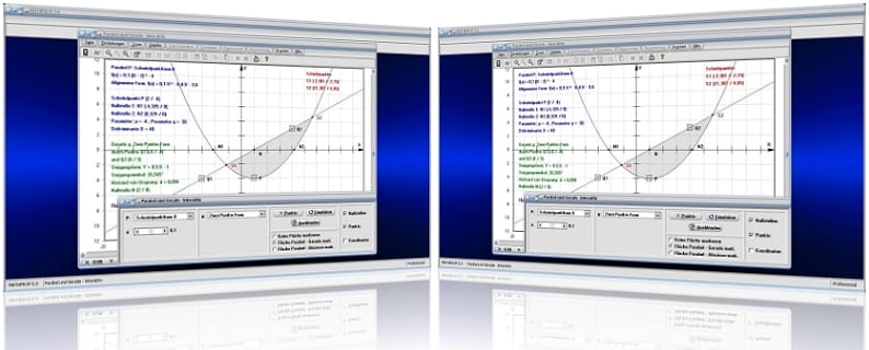 MathProf - Parabel - Gerade - Parabel - Parabelgleichung - Gerade - Fläche - Berechnen - Darstellen - Rechner - Beispiel - Plotter - Grafik - Plotten - Zeichnen - Graph - Schnittpunkt - Berührpunkt - Punkte - Parameter - Fläche - Parabelsegment - Punkte - Diskriminante - Analyse - Lagebeziehung 