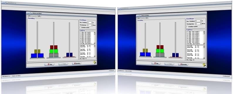 MathProf - Türme - Hanoi - Turmbau von Hanoi - Berechnung - Rekursiv - Dauer - Lösung - Züge - Graph - Grafisch - Programm - Simulation - Dauer - Anleitung - Spiel - Anzahl - 3 Scheiben - 4 Scheiben - 5 Scheiben - 6 Scheiben - 7 Scheiben - 8 Scheiben