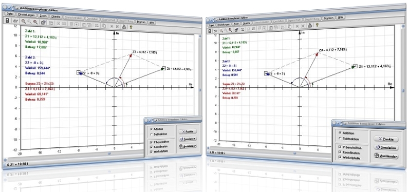 MathProf - Komplexe Zahlen - Addition komplexer Zahlen - Subtraktion komplexer Zahlen - Zeigerdiagramm - Addieren und Subtrahiern - Rechnen - Komplexe Zahlen addieren - Komplexe Zahlen subtrahieren - Summe komplexer Zahlen - Winkel - Darstellen - Darstellung - Rechner - Berechnen - Grafik - Zeichnen