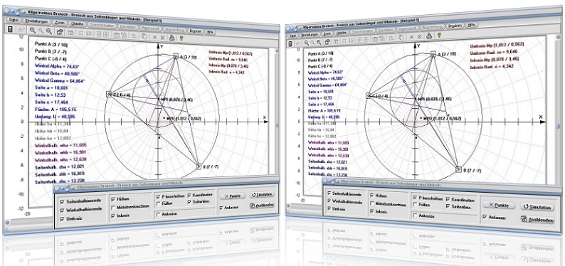 MathProf - Allgemeines Dreieck - Berechnung - Beispiel - Fläche - Inkreisradius - Koordinaten - Mittelpunkt - Umkreis - Dreieck - Dreiecksfläche - Flächenschwerpunkt - Inkreis - Ankreise - Dreiecksberechnung - Höhen - Winkel - Winkelhalbierende - Seitenhalbierende - Seitenlängen - Winkelsumme - Umkreismittelpunkt - Inkreismittelpunkt - Eigenschaften - Darstellen - Plotten - Graph - Rechner - Berechnen - Grafik - Zeichnen - Plotter