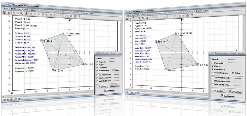 MathProf - Viereck - Allgemeines Viereck - Seiten - Diagonalen - Seitenhalbierende - Flächeninhalt - Berechnen - Diagonale - Seitenlänge - Beispiel - Eigenschaften - Formeln - Vierecke - Umfang - Winkel - Mittelsenkrechte - Winkelhalbierende - Flächeninhalt - Allgemeine Vierecke - Darstellen - Plotten - Graph - Rechner - Grafik - Zeichnen - Plotter