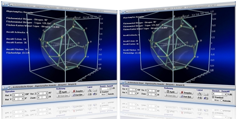 MathProf - Abgestumpftes Hexaeder - Hexaederstumpf - Archimedische Körper - Körper des Archimedes - Polyeder - Vielflächner - Halbreguläre Polyeder - Semireguläre Polyeder - Volumen - Flächen - Punkte - Kanten - Flächen - Ecken - Eigenschaften - Formeln - Winkel - Tabelle - Rechner - Berechnen