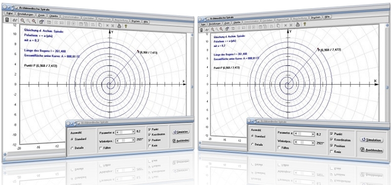 MathProf - Archimedische Spirale - Bogenlänge - Sektor - Winkel - Gleichung - Krümmung - Beispiel - Polarkoordinaten - Parameterdarstellung - Parameter - Graph - Formel - Länge - Fläche - Darstellen - Plotten - Graph - Rechner - Berechnen - Grafik - Zeichnen - Plotter
