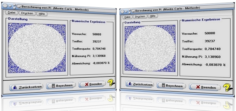 MathProf - Pi - Kreiszahl - Zahl - Berechnen - Näherungsverfahren - Kreiszahl Pi - Monte-Carlo-Simulation - Monte Carlo - Methode - Bestimmung der Kreisfläche - Annäherung an Pi - Berechnung der Kreiskonstante Pi - Rechner - Buffon - Nadelexperimt - Berechnung - Bestimmung - Simulation - Animation - Darstellen - Grafik