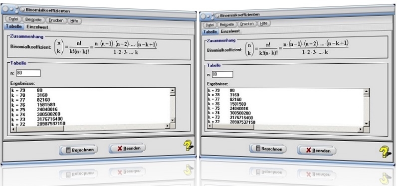 MathProf - Binomialkoeffizienten - Tabelle - Berechnen - n - k - Binomialkoeffizient  - n über 1 - n über 2 - n über k - Werte - Binomisch - Rechner - Wahrscheinlichkeit - Fakultät - Beispiel - Formeln - Koeffizienten - Anwendung - Addieren - Darstellung - Elemente - Zahlen