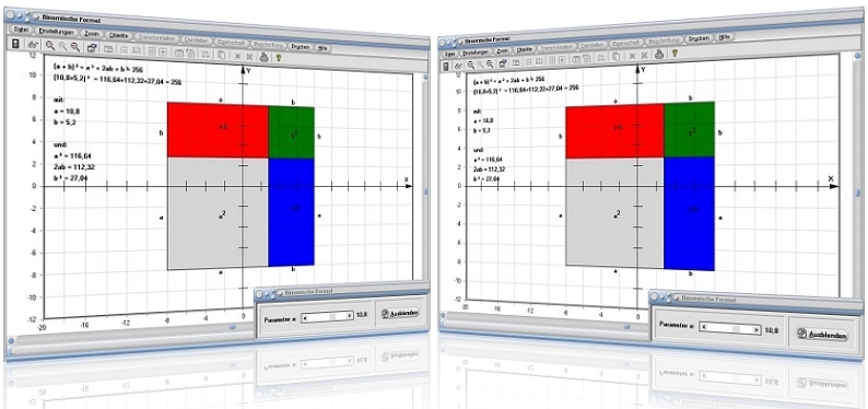MathProf - Binom - Binomische Formel - Binomische Gleichung - Binomischer Lehrsatz - Bildlich - Binomische Formeln - Erste binomische Formel - Zweite binomische Formel - Quadratische Terme - Binomische Formel grafisch - Quadrat - Flächeninhalt - Bilder - Zeichnerisch - Beispiel - Darstellen - Binome - Faktorisieren - Ausklammern - Umformen - Rechnen - Übersicht - Rechner - Berechnen
