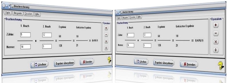 MathProf - Bruchrechnen - Bruchrechnung - Brüche - Bruch - Kürzen von Brüchen - Brüche berechnen - Brüche addieren - Rechnen mit Brüchen - Brüche subtrahieren - Brüche multiplizieren - Brüche dividieren - Brüche kürzen - Umwandeln von Brüchen - Gemeinsamer Nenner - Gemeinsamer Teiler - Echter Bruch - Unechter Bruch - Formel - Rechner - Berechnen