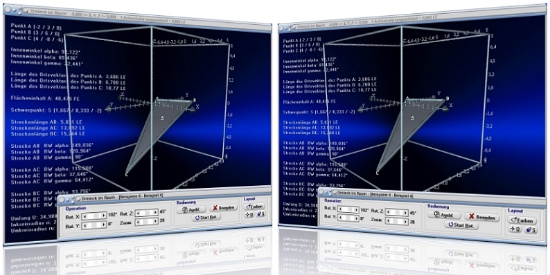 MathProf - Dreieck im Raum - Räumliche Geometrie - Geometrie im Raum - Raumgeometrie - Stereometrie - 3D - Dreieck - Dreidimensional - Schwerpunkt - Euklidischer Abstand - Euklidische Distanz - Winkel - Eigenschaften - Darstellen - Zeichnen - Rechner - Berechnen - Schaubild