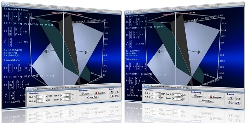 MathProf  Schnittgerade - Schnittwinkel - Spiegelung Ebene - Ebene - Koordinatengleichung - Lagebeziehung - Normalenform - Spiegelebene - Ebenenspiegelung - Ebenen im Raum - Spielgelung - Lagebeziehung zweier Ebenen - Spurpunkte - Ortsvektoren - Richtungsvektoren - Schnittwinkel zweier Ebenen - Ebene - Lagebeziehung Ebene-Ebene - Schnittgerade zweier Ebenen - Schnittwinkel zwischen zwei Ebenen - Ebenengleichung - Darstellen - Plotten - Graph - Rechner - Berechnen - Grafik - Zeichnen - Plotter