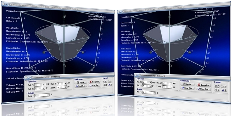 MathProf - Pyramidenstumpf - Flächeninhalt - Oberflächeninhalt - Flächenberechnung - Oberflächenberechnung - Volumen - Oberfläche - Grundfläche - Rauminhalt - Höhe - Eigenschaften - Formeln - Darstellen - Plotten - Graph - Grafik - Zeichnen - Plotter - Rechner - Berechnen - Schaubild