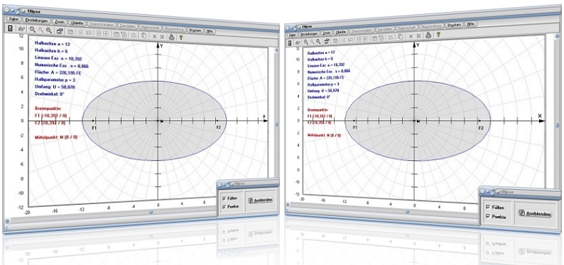 MathProf - Ellipse - Halbachsen - Brennpunkte - Exzentrizität - Umfang - Zeichnen - Berechnen - Fläche - Geometrie - Punkte - Beispiel - Halbparameter - Halbachse - Ellipsenumfang - Lineare Exzentrizität - Numerische Exzentrizität - Flächenberechnung - Hauptachse - Nebenachse - Halbachsen - Ellipsenberechnung - Eigenschaften - Berechnen - Graph - Rechner - Grafik - Zeichnen