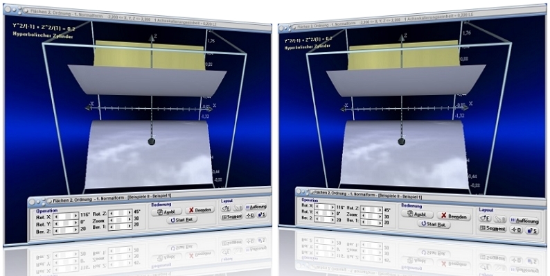 MathProf - Hyperbolischer Zylinder - Flächen 2. Ordnung - Berechnen - Funktion - Animation - Gleichung - Koordinaten - Plotter - Normalform - Beispiel - Quadriken - Kegelschnitt - Kegelschnitte - Kegelschnittgleichung - Quadrik - Funktionswerte - Quadriken - 3D - Darstellen - Plotten - Graph - Grafik - Zeichnen - Rechner