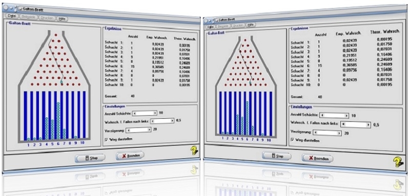 MathProf - Galton-Brett - Galton board - Galtonbrett - Simulation - Wahrscheinlichkeitsrechnung - Bernoulli - Experiment - Möglichkeiten - Programm - Stochastik - Wahrscheinlichkeit - Beispiel - Nagelbrett - Spiel - Empirische Wahrscheinlichkeit - Theoretische Wahrscheinlichkeit - Binomialverteilung - Bernoulli - Rechner - Stufen - Funktionsweise - Tabelle