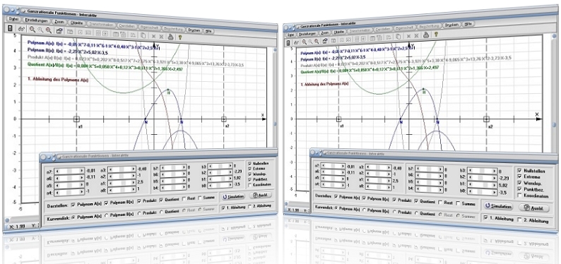MathProf - Ganzrationale Funktion - Gleichung - Lösen - Nullstellen - Eigenschaften - Punkte - Ableitung - Koeffizienten - Beispiel - Lokale Extrema - Polynome - Polynomdivision - Polynommultiplikation - Polynome addieren - Polynome multiplizieren - Polynomfunktion - Rechner - Berechnen