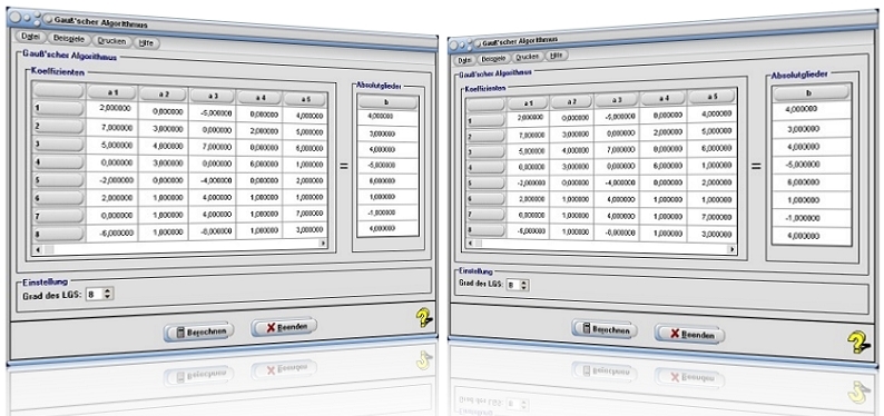 MathProf - Gaußsches Lösungsverfahren - Gaußscher Algorithmus - LGS - Lineare Gleichungssysteme - Lösbarkeit  - Lösungsverfahren - Zeilenumformung - Zeilentausch - Nullzeile - Koeffizienten - Zeilenstufenform - Stufenform - Trapezform - Zeilen tauschen - Lösungsweg -  Systematisches Lösen - Obere Dreiecksform - Lösen - Rechner - Berechnen - Berechnung