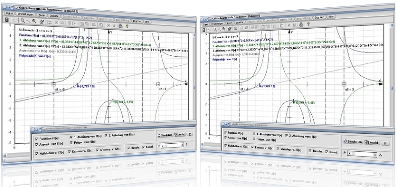 MathProf - Gebrochenrationale Funktion - Gebrochen rationale Funktionen - Polynomzerlegung - Faktorisierung - Polynomgleichungen - Nullstellen - Darstellen - Asymptote - Bruchfunktion - Bruchfunktionen - Plotten - Ableiten - Ableitung - Rechner - Grafisch - Zeichnen - Plotter