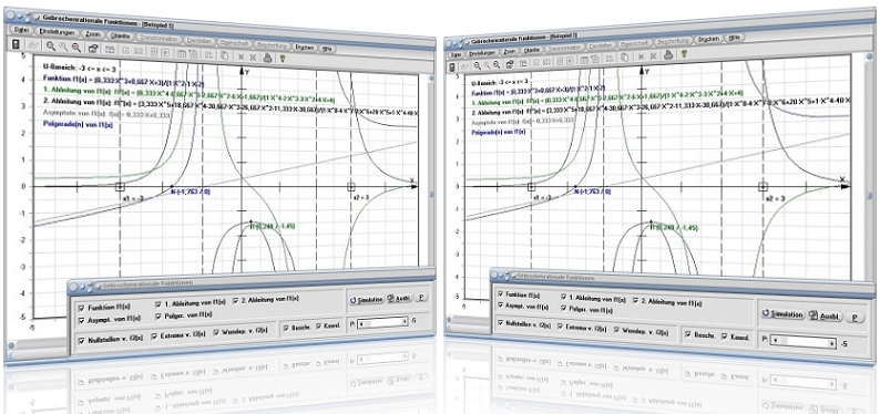 MathProf - Gebrochenrationale Funktion - Gebrochen rationale Funktion - Polynomzerlegung - Faktorisierung - Polynomgleichungen - Nullstellen - Darstellen - Asymptote - Bruchfunktion - Bruchfunktionen - Plotten - Ableiten - Ableitung - Rechner - Grafisch - Zeichnen - Plotter