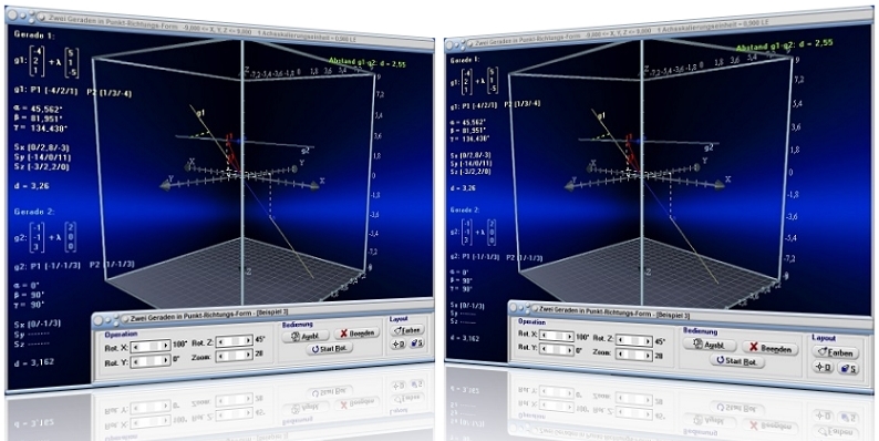 MathProf - Geraden im Raum - Vektorielle Darstellung - Windschiefe Geraden - Schnittwinkel - Parameterform - Geradengleichung in Punkt-Richtungsform - Vektorielle Gleichung - Parameterdarstellung - Darstellen - Plotten - Graph - Rechner - Berechnen - Grafik - Zeichnen - Plotter