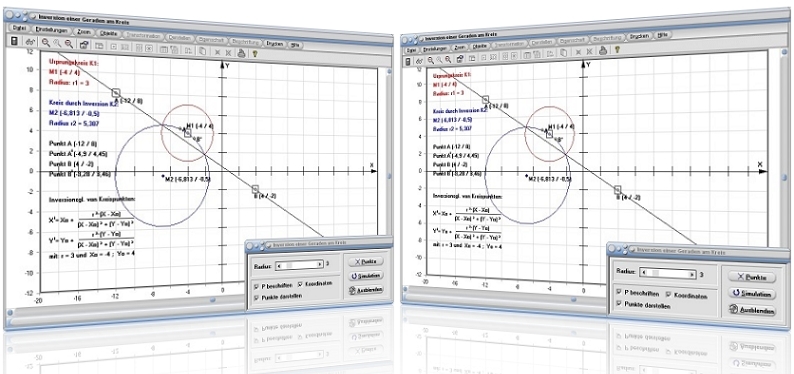 MathProf - Inversion - Kreis - Gerade - Gerade invertieren - Umkehrung - Inversionszentrum - Eigenschaften - Inversion Kreis Gerade - Konstruktion - Inversion am Kreis - Beispiel - Kreisspiegelung - Rechner - Berechnen - Grafisch - Darstellen