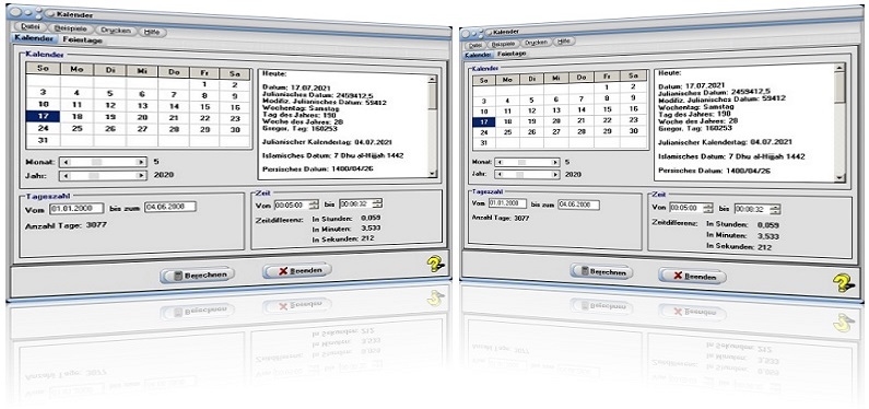 PhysProf - Kalender - Rechner - Software - Julianisches Datum - Gregorianisches Datum - Berechnen - Zeit berechnen - Rechnen - Zeitabstände - Zeiträume - Zeitabschnitt - Zeitdifferenz - Wie lange - Dauer - Wie viel - Wie viele - Wieviel Stunden - Wieviel Minuten - Wieviele Stunden - Wieviele Minuten - Wieviele Sekunden - Wie viele Sekunden - Tag