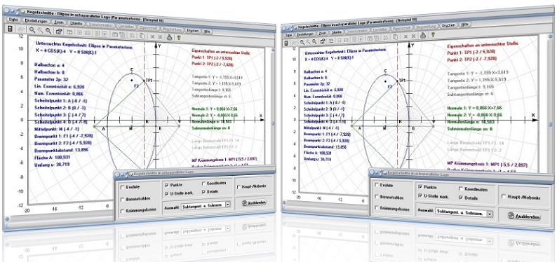 MathProf - Ellipse - Halbachse - Hauptlage - Scheitelpunkt - Parameterdarstellung - Ellipsengleichung - Asymptote - Evolute - Brennpunkt - Brennpunkte - Umfang - Halbparameter - Darstellen - Plotten - Graph - Rechner - Grafik - Zeichnen - Plotter