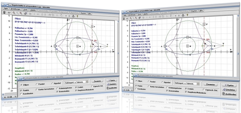 MathProf - Ellipse - Kurven 2. Ordnung - Achsen - Berechnen - Brennpunkte - Scheitel - Punkte - Durchmesser - Exzentrizität - Eigenschaften - Formel - Beispiel - Umfang - Halbachse - Halbparameter - Scheitelpunkt - Darstellen - Plotten - Rechner - Grafik - Zeichnen - Plotter