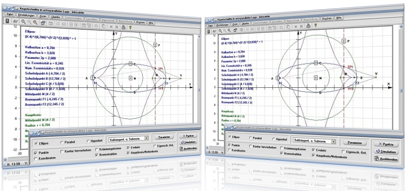 MathProf - Ellipse - Kurven 2. Ordnung - Achsen - Berechnen - Brennpunkte - Scheitel - Punkte - Durchmesser - Exzentrizität - Eigenschaften - Formel - Beispiel - Umfang - Halbachse - Halbparameter - Scheitelpunkt - Darstellen - Plotten - Rechner - Grafik - Zeichnen - Plotter