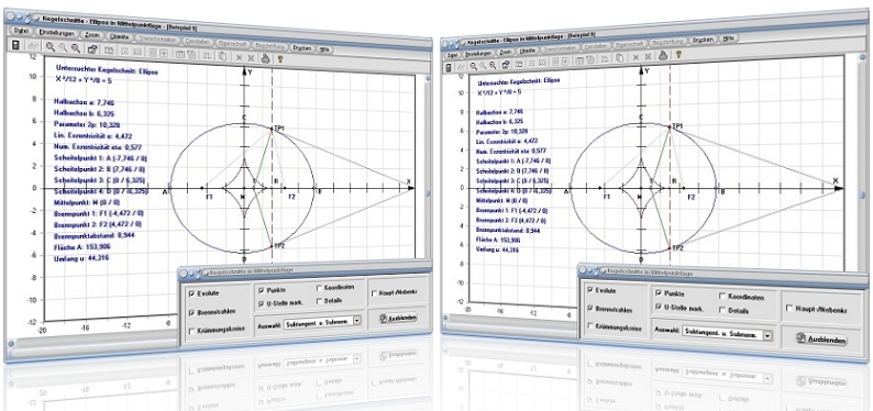 MathProf - Kegelschnitte - Ellipse - Tangente - Kegelschnittgleichung - Mittelpunktsgleichung - Hauptlage - Asymptote - Beispiel - Parameterdarstellung - Evolute - Brennpunkte - Ellipsenbogen - Exzentrizität - Funktionsgleichung - Tangentenlänge - Tangentenabschnitte - Darstellen - Plotten - Graph - Rechner - Grafik - Zeichnen - Plotter