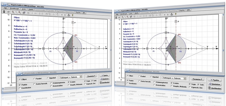 MathProf - Ellipse - Berechnen - Exzentrizität - Hauptform - Halbachsen - Mittelpunkt - Mittelpunktsgleichung - Beispiel - Parameterdarstellung - Brennpunkte - Umfang - Halbachse - Halbparameter - Gleichung - Ellipsensegment - Ellipsensektor - Ellipsenabschnitt - Scheitelpunkt - Darstellen - Plotten - Graph - Rechner - Grafik - Zeichnen - Plotter