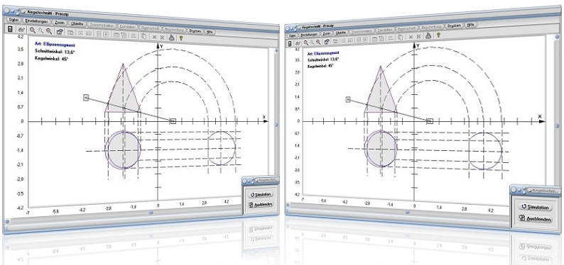 MathProf - Kegel - Zweitafelbild - Kreis - Ellipse - Hyperbel - Parabel - Ellipsenabschnitt - Ellipsensegment - Kegel - Grundfläche - Schnittebene - Schnittfläche - Beispiel - Darstellen - Plotten - Graph - Rechner - Berechnen - Grafik - Zeichnen - Plotter - Kegelschnitt