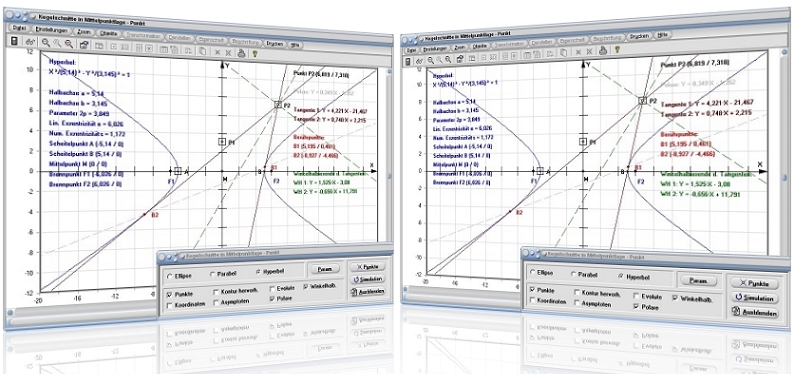 MathProf - Kegelschnitte - Punkt - Hyperbel - Brennpunkte - Tangente - Parameterdarstellung - Asymptote - Mittelpunktsgleichung - Beispiel - Halbachse - Tangentengleichung - Berührpunkt - Tangente an Hyperbel - Polare - Berührungspunktet - Berechnen - Rechner - Grafisch - Zeichnen