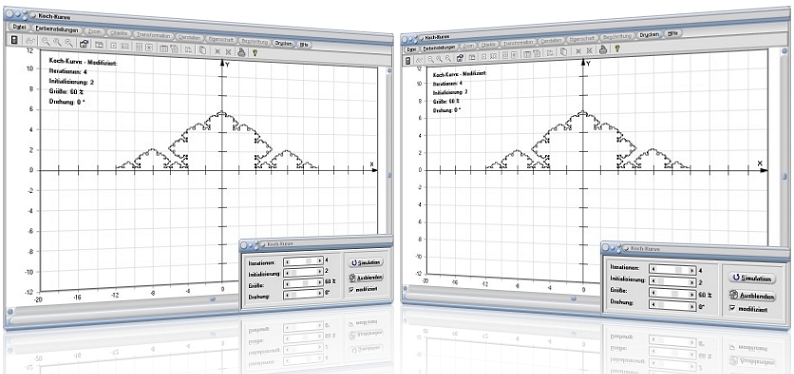  MathProf - Koch Kurve - Fraktale - Schneeflocken - Chaos-Theorie - Beispiel - Schneeflockenkurve - Schneeflocke - Snow flake - Kochsche Schneeflocke - Selbstähnlichkeit - Selbstähnlich - Kochsche Schneeflockenkurve - Fraktale Geometrie - Iteration - Rekursiv - Umfang - Länge - Rechner - Figuren - Animation - Dimension - Grafik - Fläche - Flächeninhalt