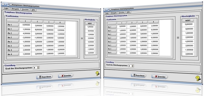 MathProf - KGS - Komplexes Gleichungssystem - Komplexe Gleichungssysteme - Lineares Gleichungssystem komplexer Zahlen - Komplex - Lösen komplexer Gleichungssysteme - Koeffizienten - Rechner - Beispiel - Berechnen