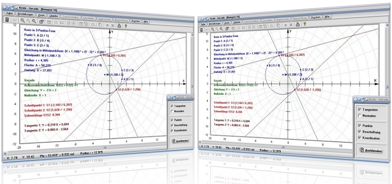 MathProf - Kreis - Gleichung - Gerade - Schnittpunkt - Nullstelle - Fläche - Umfang - Radius - Lagebeziehung - Kreis durch 3 Punkte - Tangente - Schnittpunkte - Darstellen - Plotten - Grafisch - Rechner - Berechnen - Grafik - Zeichnen