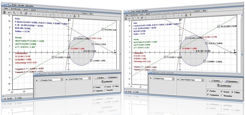 MathProf - Kreise - Geraden - Kreisgleichung - Tangenten - Berührpunkte - Steigung - Geradengleichung - Gleichung - Beispiel - Graphische Darstellung - Parameterdarstellung - Tangente - Schnittpunkte - Sehnenlänge - Berechnen - Rechner - Beispiel - Berechnung