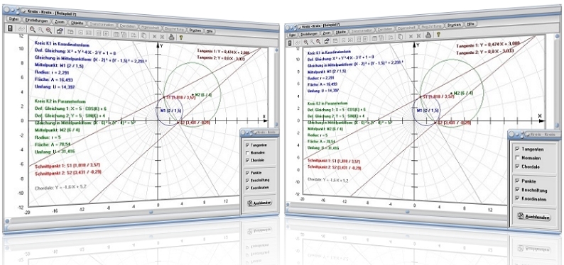 MathProf - Kreise - Kreisgleichungen - Lagebeziehung - Chordale - Beispiel - Kreis durch 3 Punkte - Zwei Kreise - Kreisflächenberechnung - Kreisberechnung - Kreisfunktion - Berechnen - Graph - Rechner - Grafik - Zeichnen