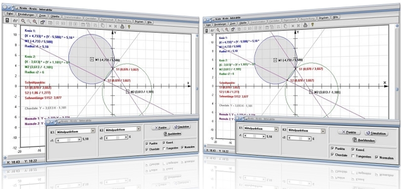 MathProf - Kreise - Scheitelgleichung - Schnittpunkte - Lagebeziehung - Drei Punkte - Normale - Beispiel - Chordale - Darstellen - Plotten - Graph - Rechner - Berechnen - Grafik - Zeichnen - Plotter - Zwei Kreise - Geometrie - Gleichungen - Kreisgleichungen - Schneidende Kreise - Schnittpunkte zweier Kreise - Zeichnen