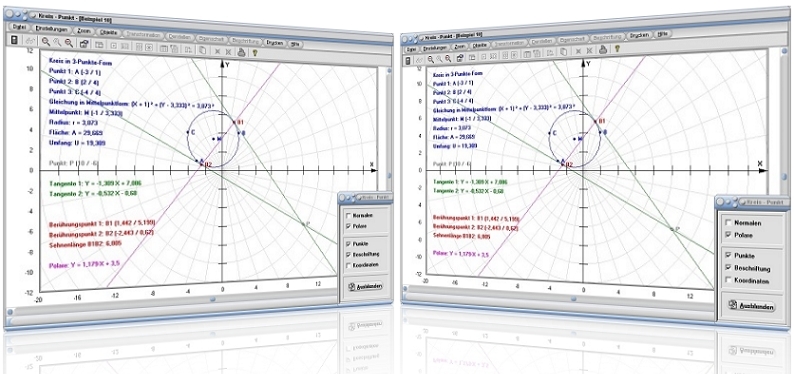 MathProf - Kreisfläche - Tangenten - Punkt - Normalen - Querschnittsberechnung - Allgemeine Kreisgleichung - Querschnitt - Definition - Arbeitsblatt - Unterrichtsmaterial - Lösungen - Aufgaben - Formel - Kreisgleichung - Mittelpunkt - Tangente - Plotter - Lagebeziehung - Flächeninhalt - Umfang - Berührpunkt -  Umfang - Kreisumfang - Kreistangente - Kreismittelpunkt - Gleichung - Externer Punkt - Darstellen - Grafisch - Rechner - Berechnen - Grafik - Zeichnen