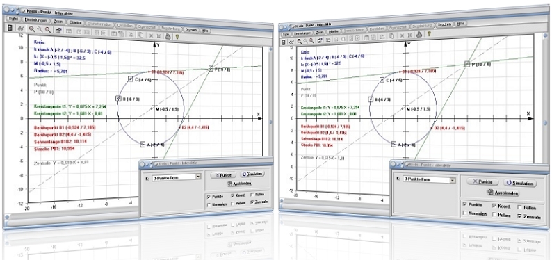 MathProf - Kreis - Punkt - Abstand - Kreisgleichung - Vektorgleichung - Berechnen - Plotten - Scheitelgleichung - Mittelpunkt - Beispiel - Parameterdarstellung - Kreis durch 3 Punkte - Tangentengleichung - Polare - Tangente - Kreisberechnung - Tangente durch Punkt - Kreisumfang - Kreistangente - Kreismittelpunkt - Darstellen - Plotten - Graph - Rechner - Berechnen - Grafik - Zeichnen - Plotter