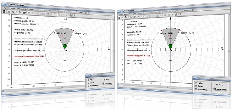 MathProf - Kreisausschnitt - Kreissektor - Höhe - Kreisbogen - Mittelpunkt - Umfang - Alpha - Durchmesser - Schwerpunkt - Sektor - Kreis - Ausschnitt - Bogen - Beispiel - Kreislinie - Sehne - Fläche - Bogenlänge - Radius - Winkel - Kreisteile - Darstellen - Plotten - Graph - Berechnen - Rechner - Grafik - Zeichnen - Plotter