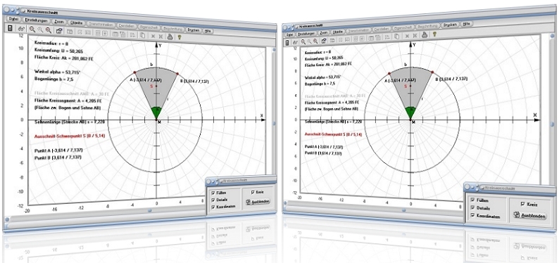 MathProf - Kreisausschnitt - Kreissektor - Höhe - Kreisbogen - Mittelpunkt - Umfang - Alpha - Durchmesser - Schwerpunkt - Sektor - Kreis - Ausschnitt - Bogen - Beispiel - Kreislinie - Fläche - Bogenlänge - Radius - Winkel - Kreisteile - Berechnen - Rechner