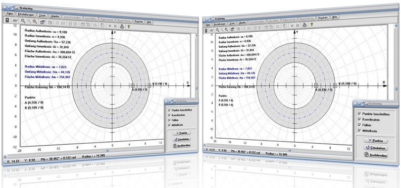 MathProf - Kreisring - Kreis - Ring - Außenkreis - Innenkreis - Umfang - Fläche - Berechnen - Durchmesser - Radius - Zeichnen - Beispiel - Konzentrische Kreise - Mittlerer Radius - Mittlerer Durchmesser - Fläche - Mittelkreis - Innerer Durchmesser - Äußerer Durchmesser - Darstellen - Plotten - Graph - Rechner - Berechnen - Grafik - Zeichnen - Plotter