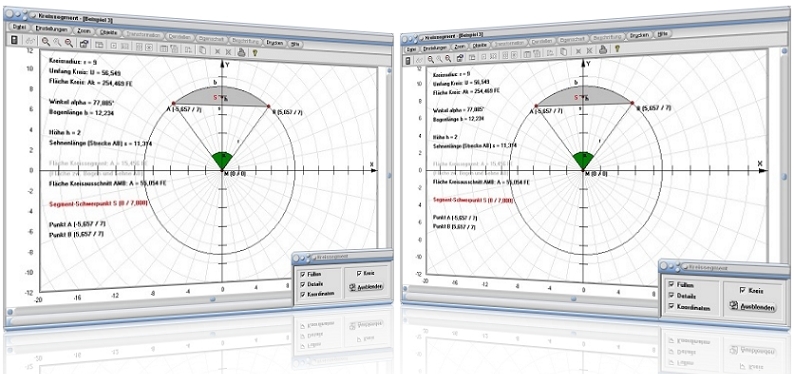 MathProf - Kreissegment - Kreisabschnitt - Fläche - Bogenlänge - Winkel - Sehne - Graph - Halbkreis - Kreisbogen - Höhe - Segment - Kreisbogenlänge - Kreissehne - Darstellen - Plotten - Graph - Rechner - Berechnen - Grafik - Plotter - Zeichnen - Länge - Radius - Bogenlänge - Sehnenlänge - Schwerpunkt - Segmentfläche