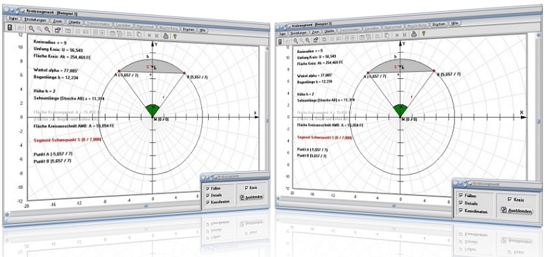 MathProf - Kreissegment - Kreisabschnitt - Fläche - Bogenlänge - Kreisteile - Bogenabschnitt - Schwerpunkt - Winkel - Sehne - Halbkreis - Kreisbogen - Höhe - Segment - Kreisbogenlänge - Kreissehne - Rechner - Berechnen - Zeichnen - Länge - Radius - Bogenlänge - Sehnenlänge - Segmentfläche